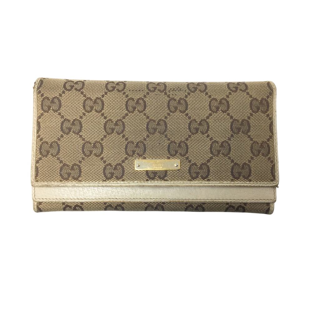 Gucci GG Canvas Beige and White Leather Double Layer Long Wallet
